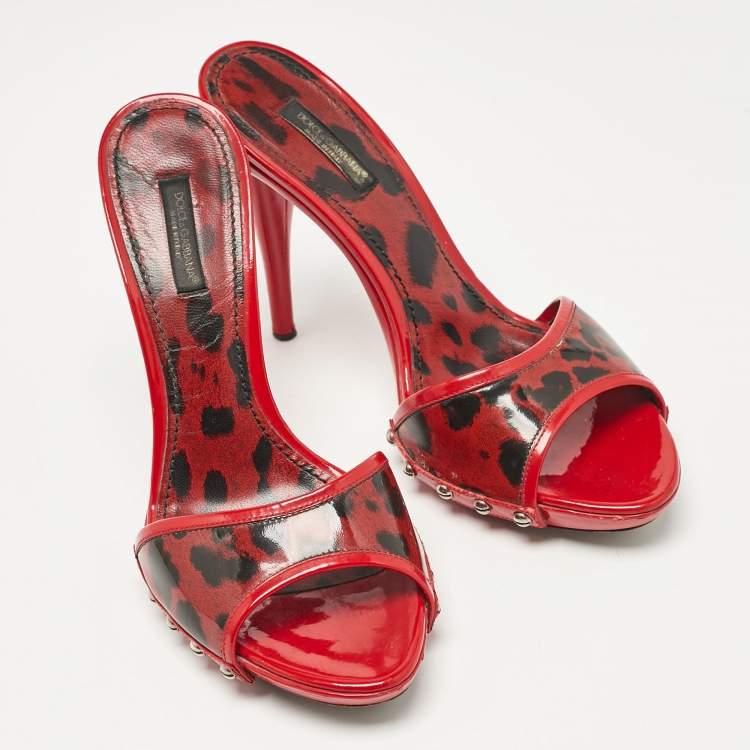 Pre Owned Dolce & Gabbana Red Patent Leather Leopard Print Slide Sandals Size 38
