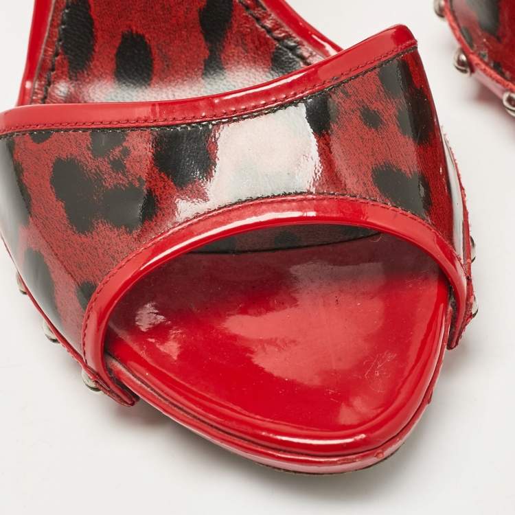 Pre Owned Dolce & Gabbana Red Patent Leather Leopard Print Slide Sandals Size 38