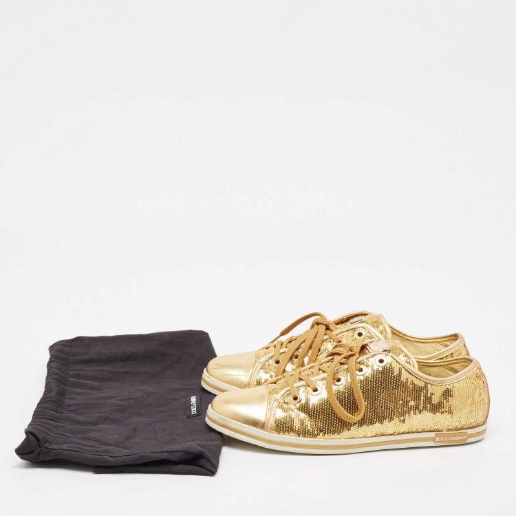 Pre Owned Dolce & Gabbana Gold Leather and Sequins Low Top Sneakers Size 40