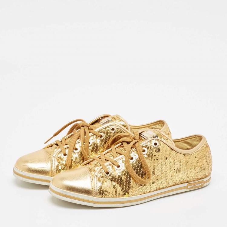 Pre Owned Dolce & Gabbana Gold Leather and Sequins Low Top Sneakers Size 40