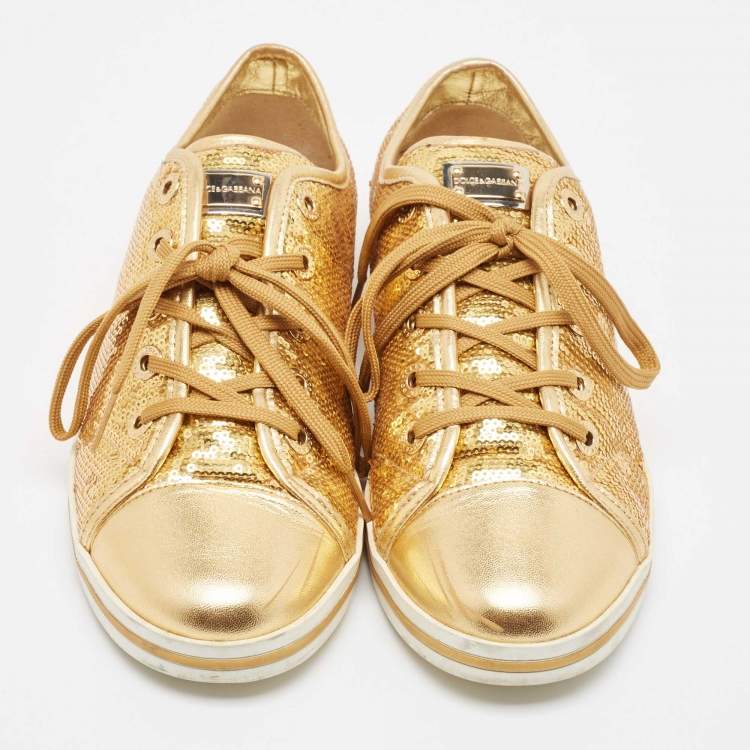 Pre Owned Dolce & Gabbana Gold Leather and Sequins Low Top Sneakers Size 40