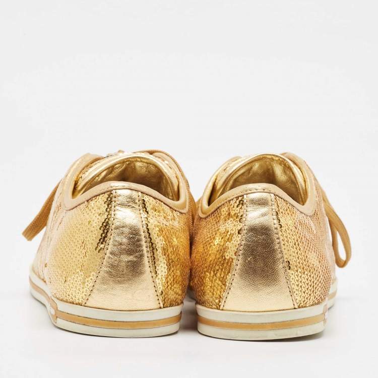 Pre Owned Dolce & Gabbana Gold Leather and Sequins Low Top Sneakers Size 40