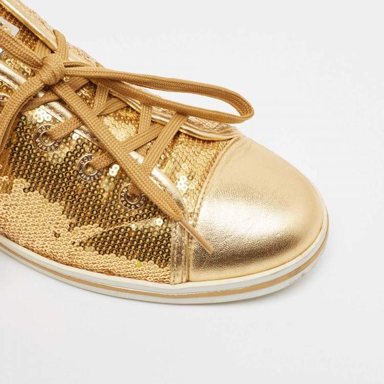 Pre Owned Dolce & Gabbana Gold Leather and Sequins Low Top Sneakers Size 40