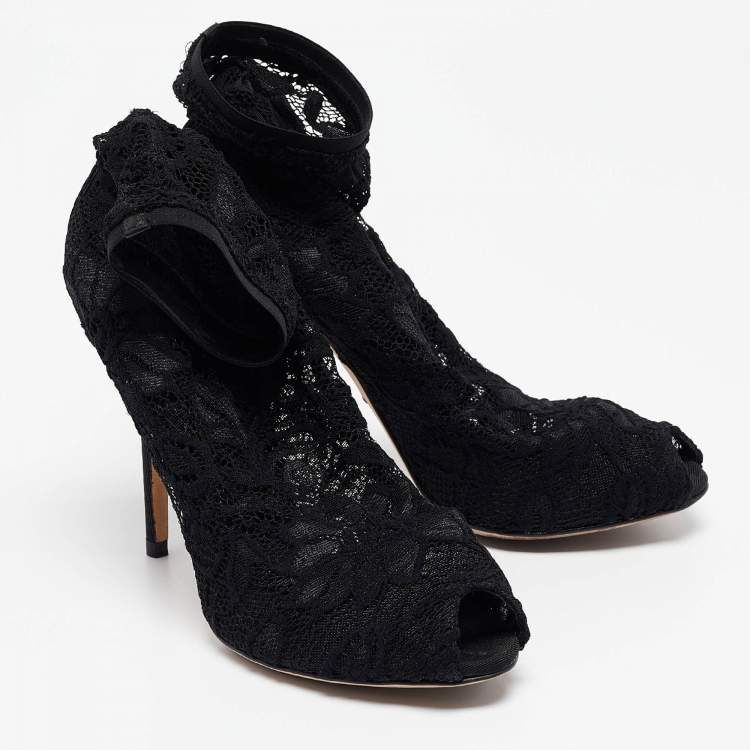 Pre Owned Dolce & Gabbana Black Stretch Lace and Mesh Ankle Length Boots Size 36