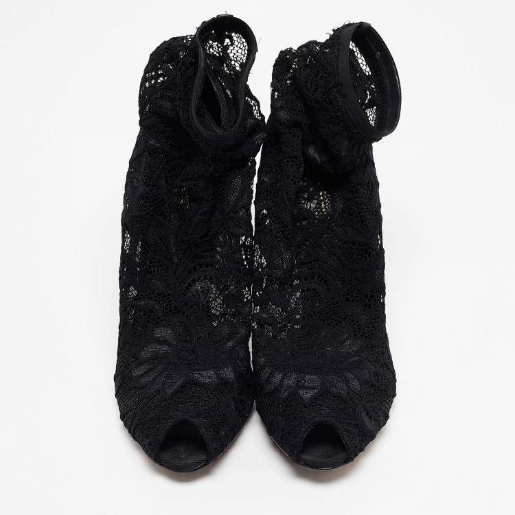 Pre Owned Dolce & Gabbana Black Stretch Lace and Mesh Ankle Length Boots Size 36