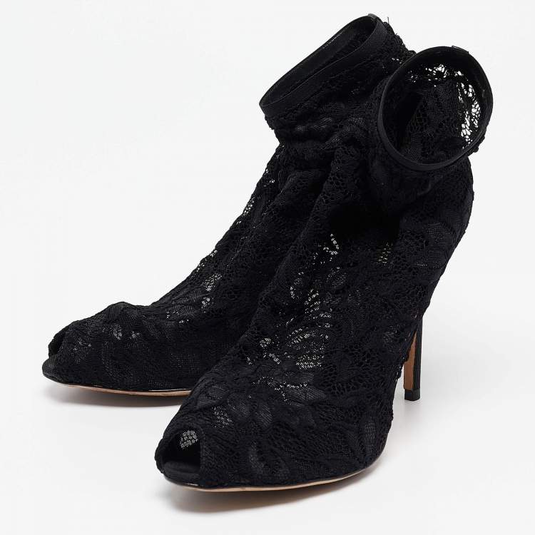 Pre Owned Dolce & Gabbana Black Stretch Lace and Mesh Ankle Length Boots Size 36