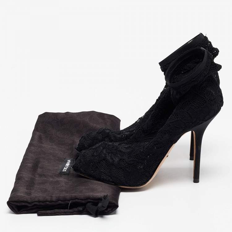 Pre Owned Dolce & Gabbana Black Stretch Lace and Mesh Ankle Length Boots Size 36