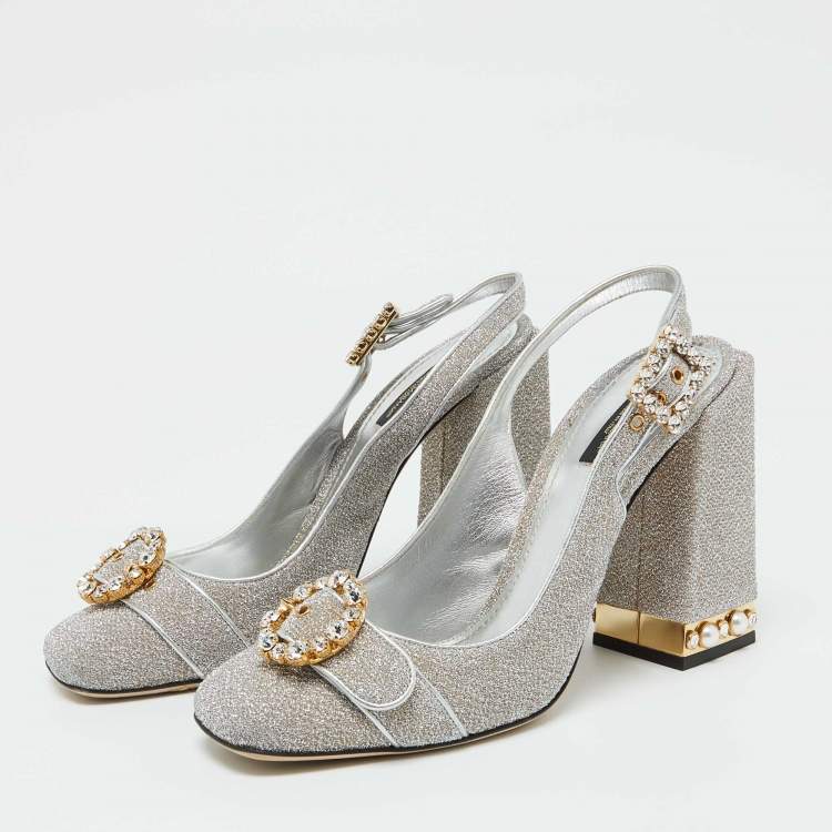 Pre Owned Dolce & Gabbana Silver Metallic Fabric Crystal Embellished Block Heel Pumps Size 41