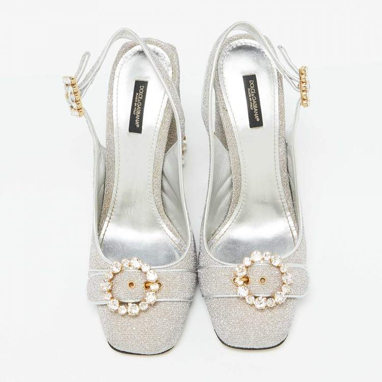 Pre Owned Dolce & Gabbana Silver Metallic Fabric Crystal Embellished Block Heel Pumps Size 41