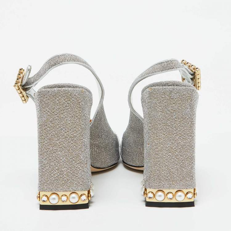 Pre Owned Dolce & Gabbana Silver Metallic Fabric Crystal Embellished Block Heel Pumps Size 41