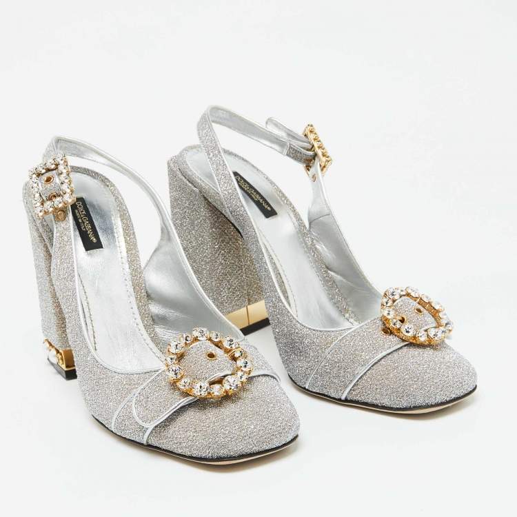 Pre Owned Dolce & Gabbana Silver Metallic Fabric Crystal Embellished Block Heel Pumps Size 41