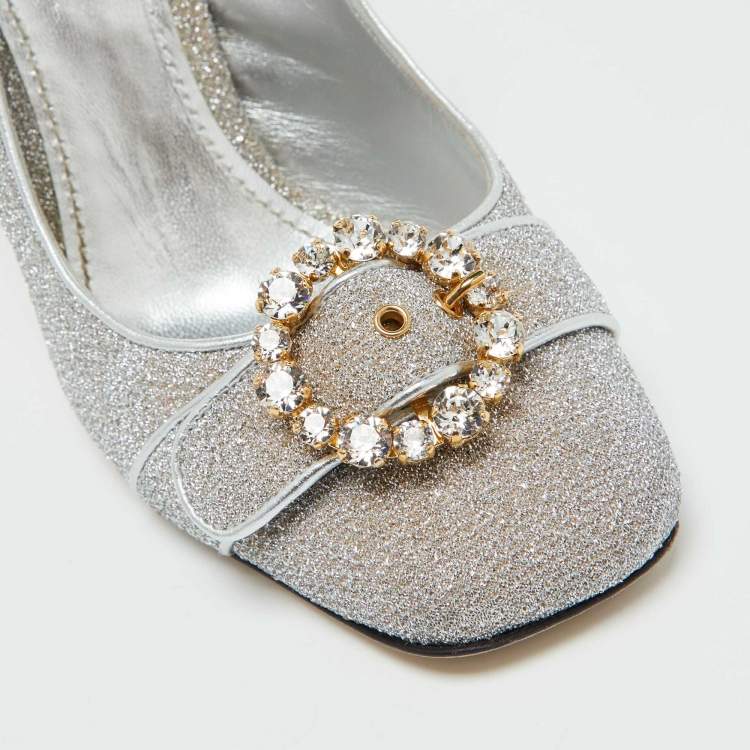 Pre Owned Dolce & Gabbana Silver Metallic Fabric Crystal Embellished Block Heel Pumps Size 41