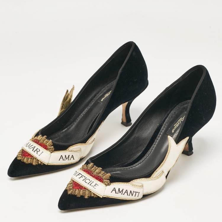 Pre Owned Dolce & Gabbana Black Velvet Love Embellished Pointed Toe Pumps Size 38.5