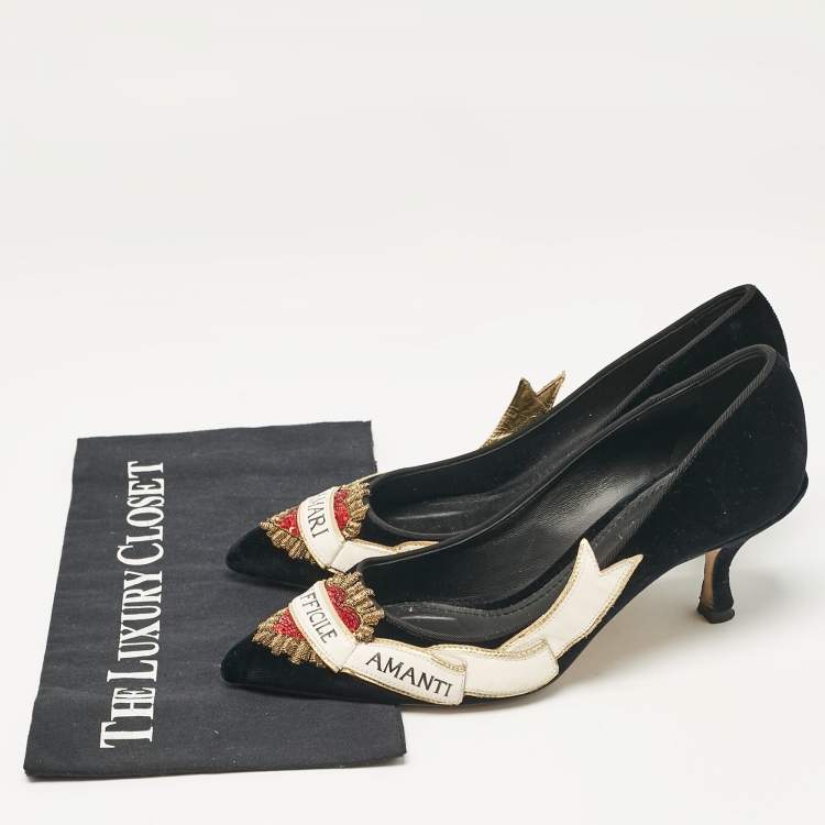 Pre Owned Dolce & Gabbana Black Velvet Love Embellished Pointed Toe Pumps Size 38.5