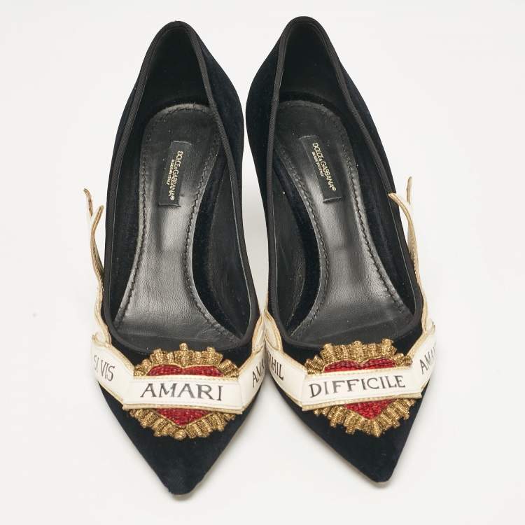 Pre Owned Dolce & Gabbana Black Velvet Love Embellished Pointed Toe Pumps Size 38.5