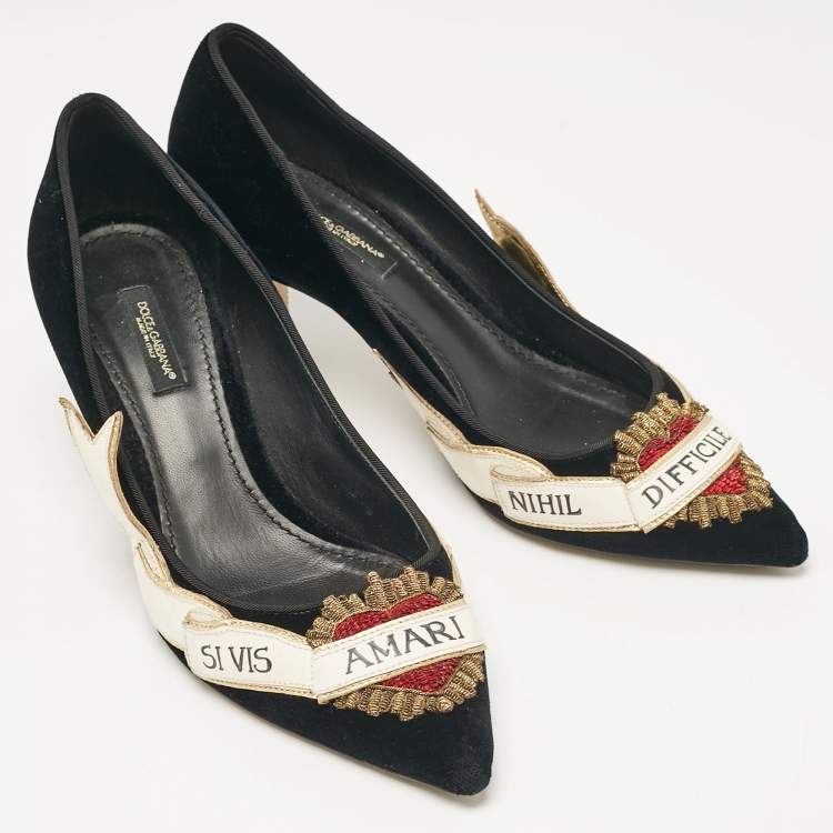Pre Owned Dolce & Gabbana Black Velvet Love Embellished Pointed Toe Pumps Size 38.5