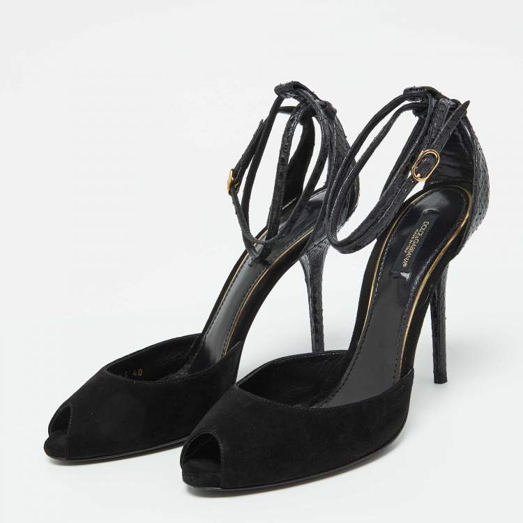 Pre Owned Dolce & Gabbana Black Snakeskin Embossed Leather and Suede Ankle Strap Sandals Size 40