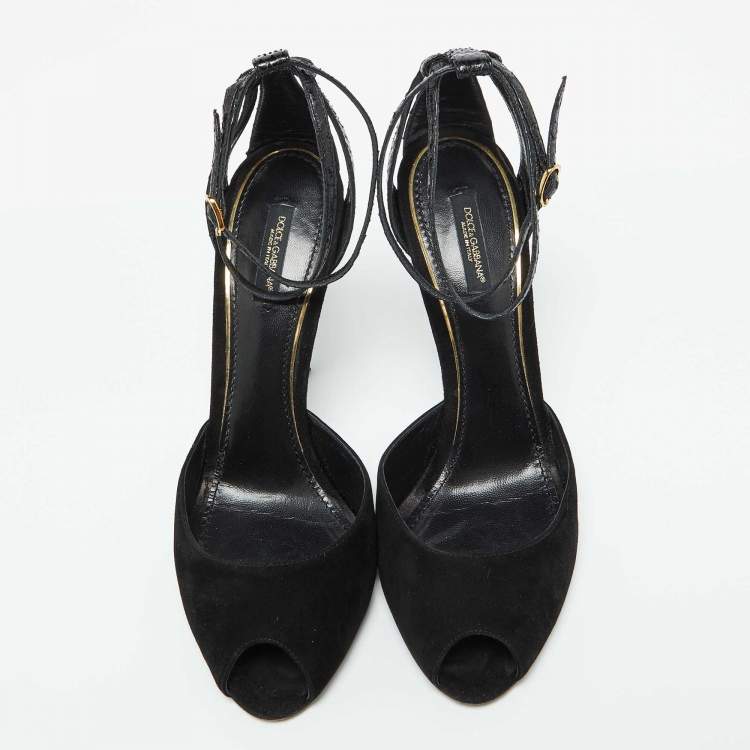 Pre Owned Dolce & Gabbana Black Snakeskin Embossed Leather and Suede Ankle Strap Sandals Size 40