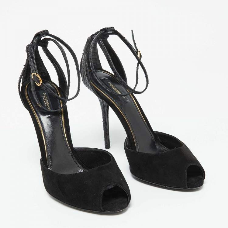 Pre Owned Dolce & Gabbana Black Snakeskin Embossed Leather and Suede Ankle Strap Sandals Size 40
