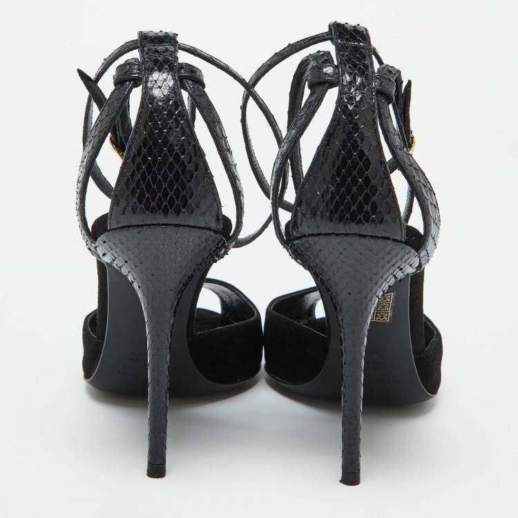 Pre Owned Dolce & Gabbana Black Snakeskin Embossed Leather and Suede Ankle Strap Sandals Size 40