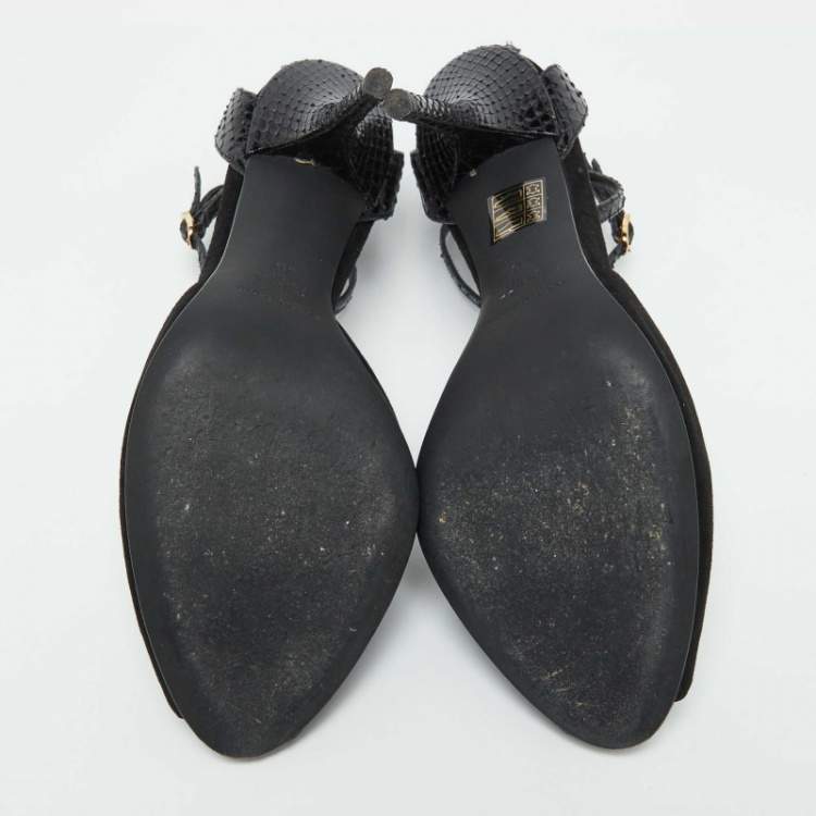 Pre Owned Dolce & Gabbana Black Snakeskin Embossed Leather and Suede Ankle Strap Sandals Size 40