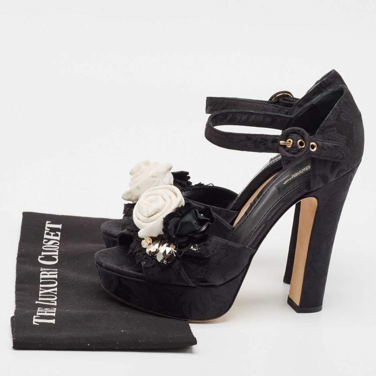 Pre Owned Dolce & Gabbana Black Brocade Fabric Embellished Ankle Strap Sandals Size 40