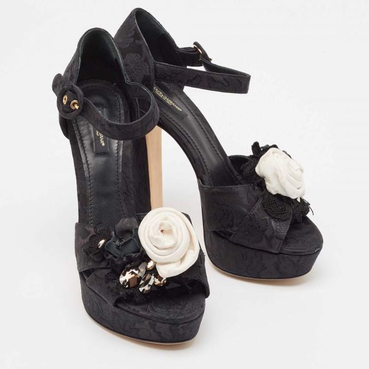 Pre Owned Dolce & Gabbana Black Brocade Fabric Embellished Ankle Strap Sandals Size 40