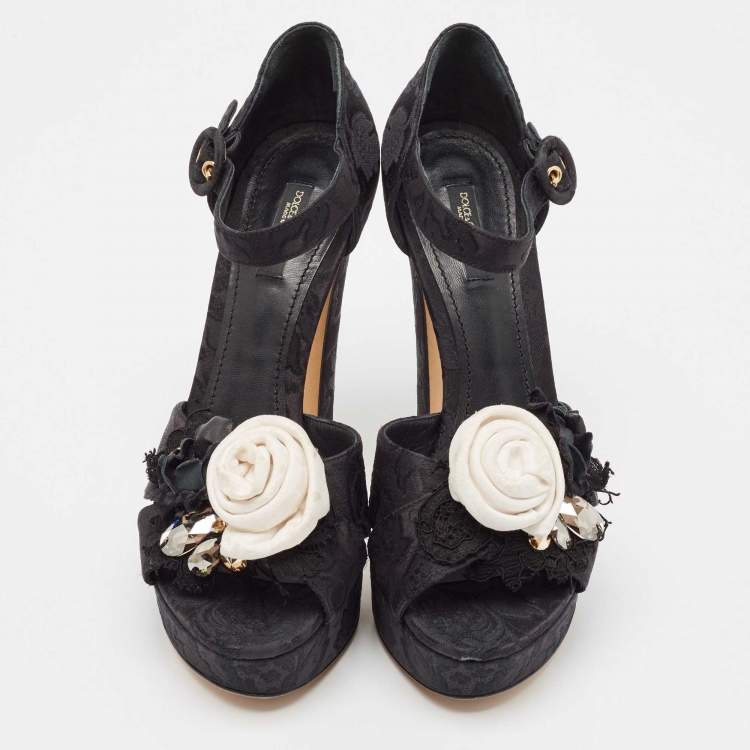 Pre Owned Dolce & Gabbana Black Brocade Fabric Embellished Ankle Strap Sandals Size 40