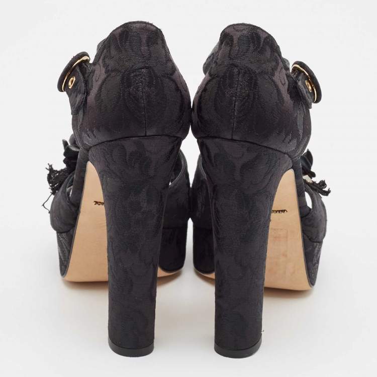 Pre Owned Dolce & Gabbana Black Brocade Fabric Embellished Ankle Strap Sandals Size 40
