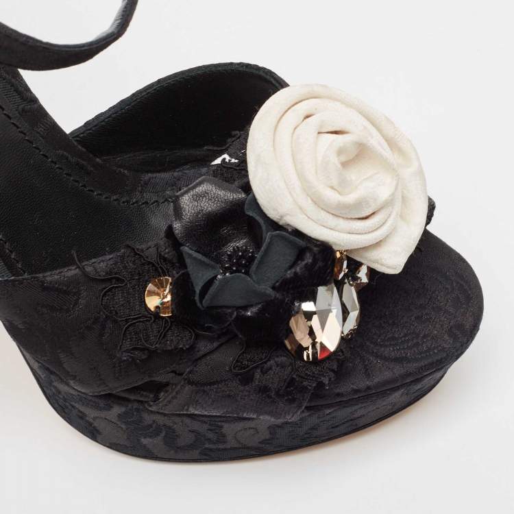 Pre Owned Dolce & Gabbana Black Brocade Fabric Embellished Ankle Strap Sandals Size 40
