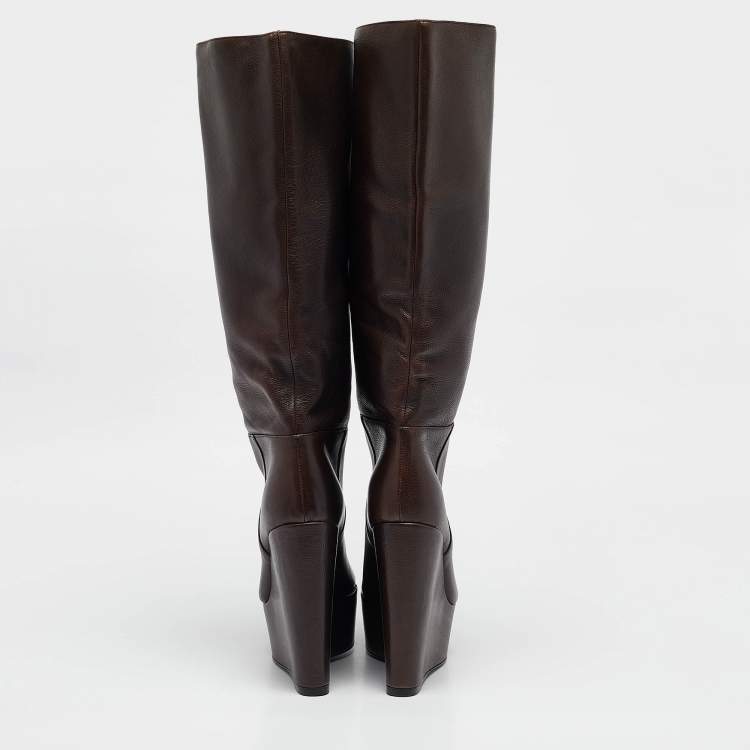 Pre Owned Dolce & Gabbana Brown Leather Wedge Mid Calf Boots Size 37.5