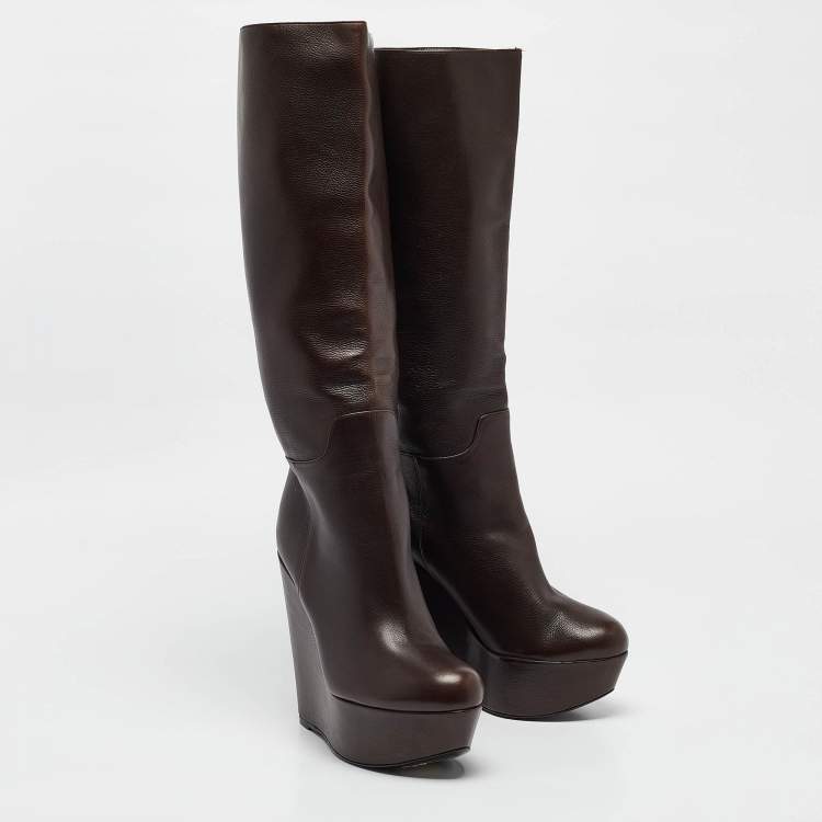 Pre Owned Dolce & Gabbana Brown Leather Wedge Mid Calf Boots Size 37.5