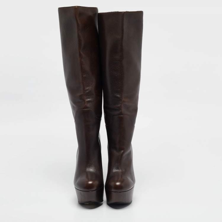 Pre Owned Dolce & Gabbana Brown Leather Wedge Mid Calf Boots Size 37.5