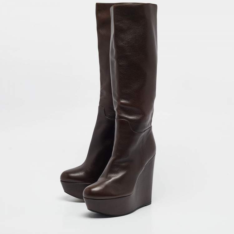 Pre Owned Dolce & Gabbana Brown Leather Wedge Mid Calf Boots Size 37.5
