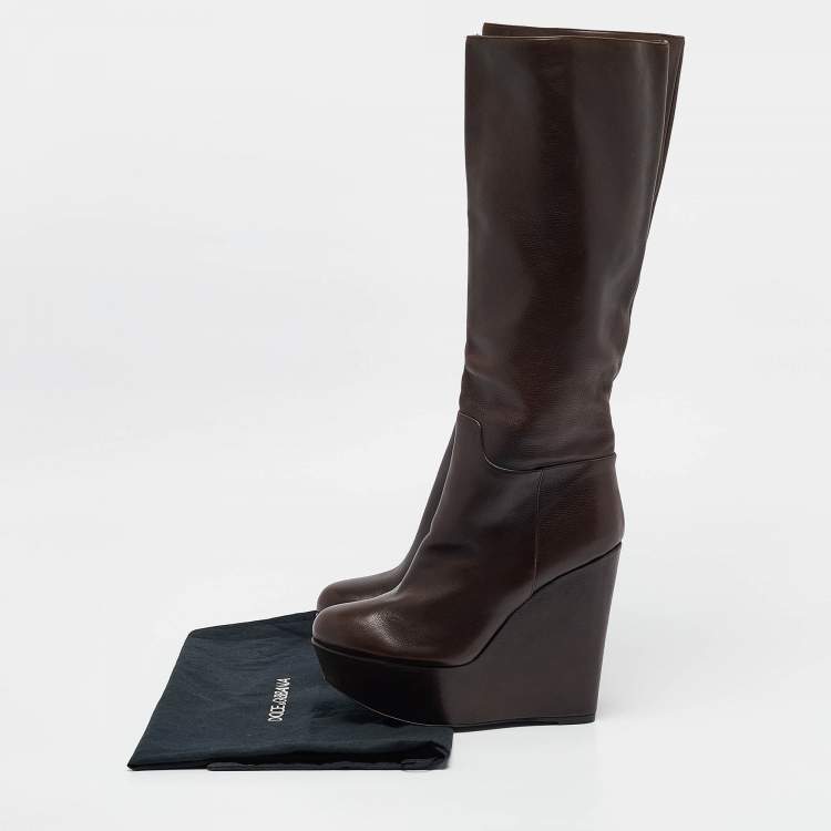 Pre Owned Dolce & Gabbana Brown Leather Wedge Mid Calf Boots Size 37.5