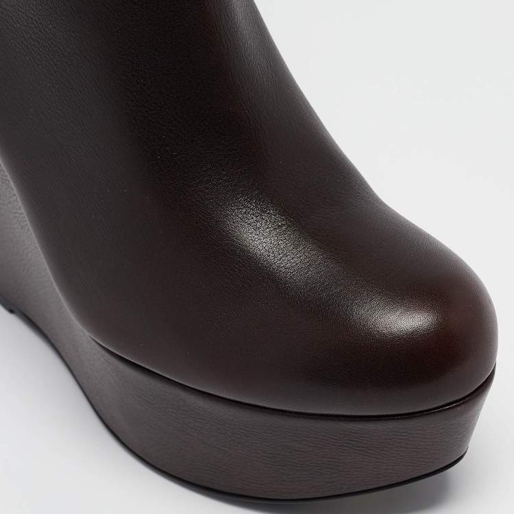 Pre Owned Dolce & Gabbana Brown Leather Wedge Mid Calf Boots Size 37.5