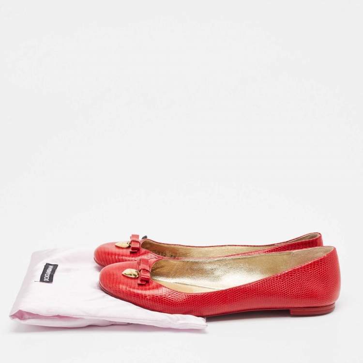 Pre Owned Dolce & Gabbana Red Lizard Embossed Leather Bow Ballet Flats Size 39
