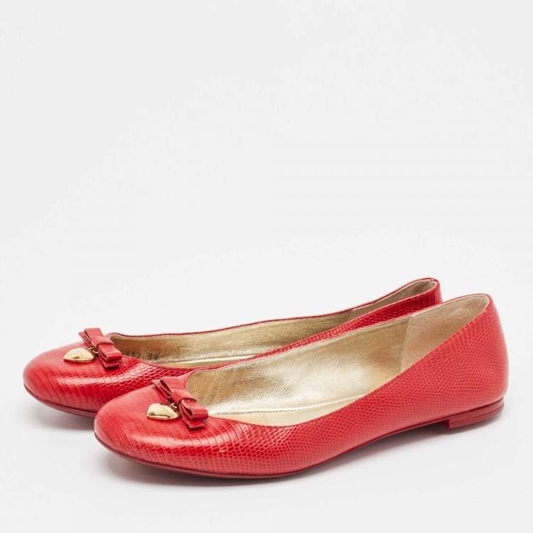 Pre Owned Dolce & Gabbana Red Lizard Embossed Leather Bow Ballet Flats Size 39