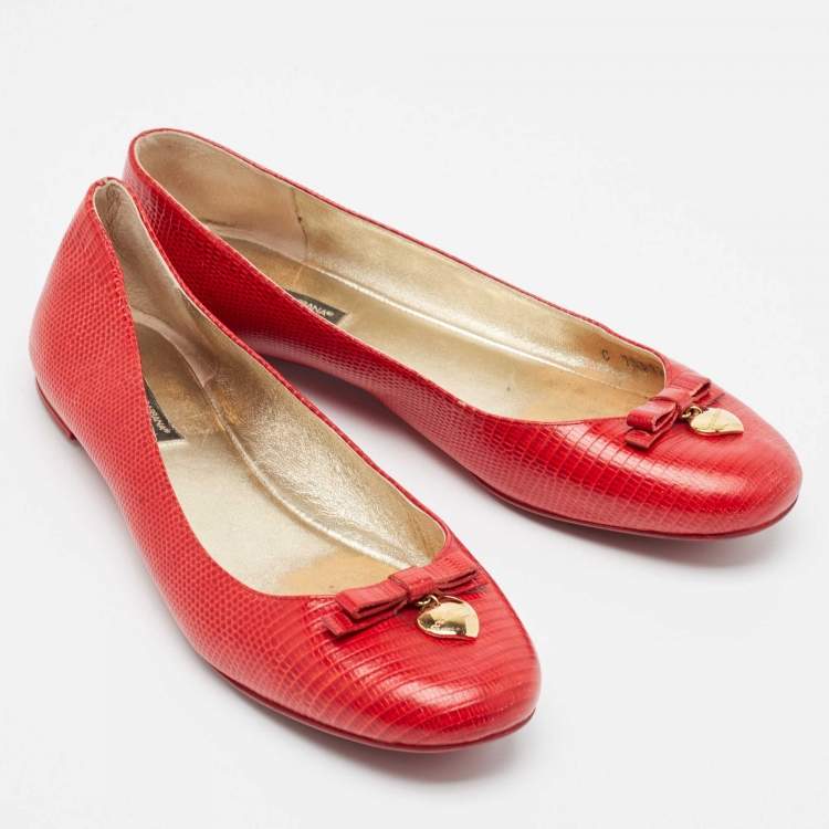 Pre Owned Dolce & Gabbana Red Lizard Embossed Leather Bow Ballet Flats Size 39