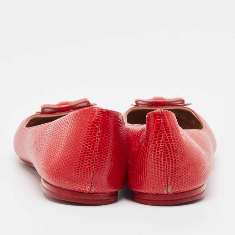 Pre Owned Dolce & Gabbana Red Lizard Embossed Leather Bow Ballet Flats Size 39