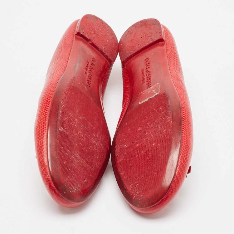 Pre Owned Dolce & Gabbana Red Lizard Embossed Leather Bow Ballet Flats Size 39