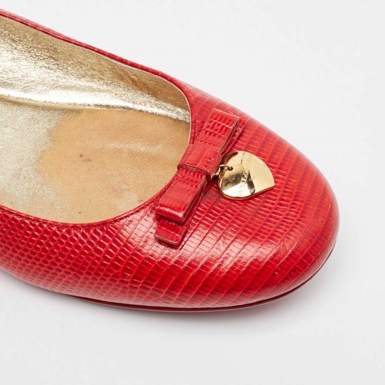 Pre Owned Dolce & Gabbana Red Lizard Embossed Leather Bow Ballet Flats Size 39
