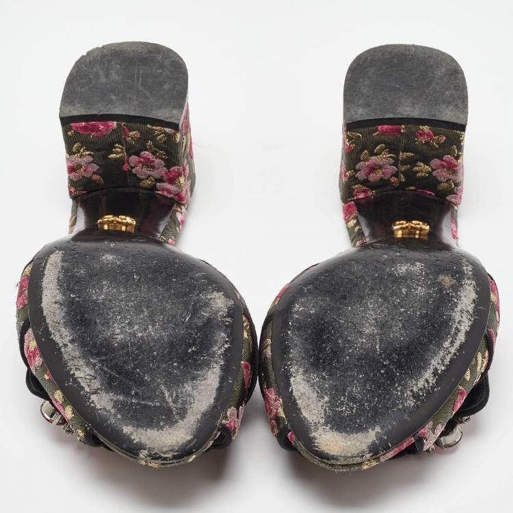 Pre Owned Dolce & Gabbana Black Brocade Fabric Floral Print Slide Sandals Size 41