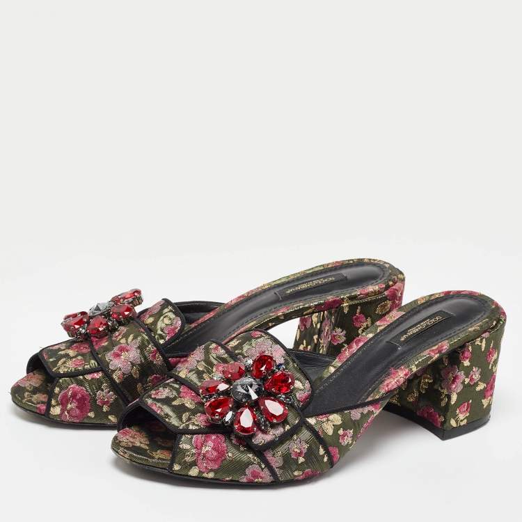 Pre Owned Dolce & Gabbana Black Brocade Fabric Floral Print Slide Sandals Size 41