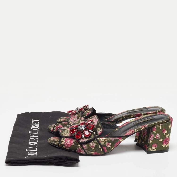 Pre Owned Dolce & Gabbana Black Brocade Fabric Floral Print Slide Sandals Size 41