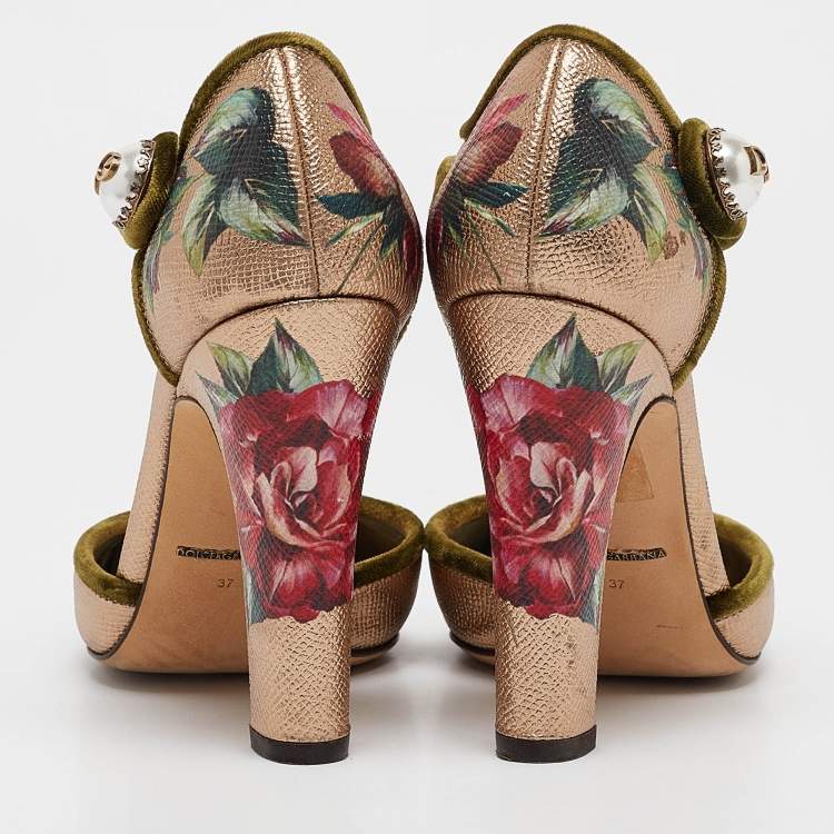 Pre Owned Dolce & Gabbana Metallic Floral Print Leather Ankle Strap Pumps Size 37
