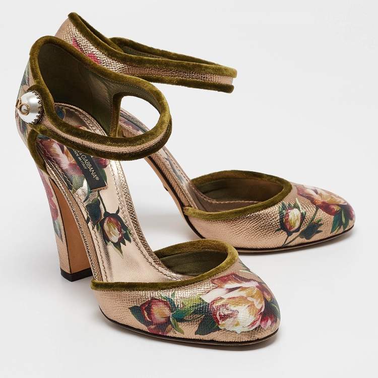 Pre Owned Dolce & Gabbana Metallic Floral Print Leather Ankle Strap Pumps Size 37