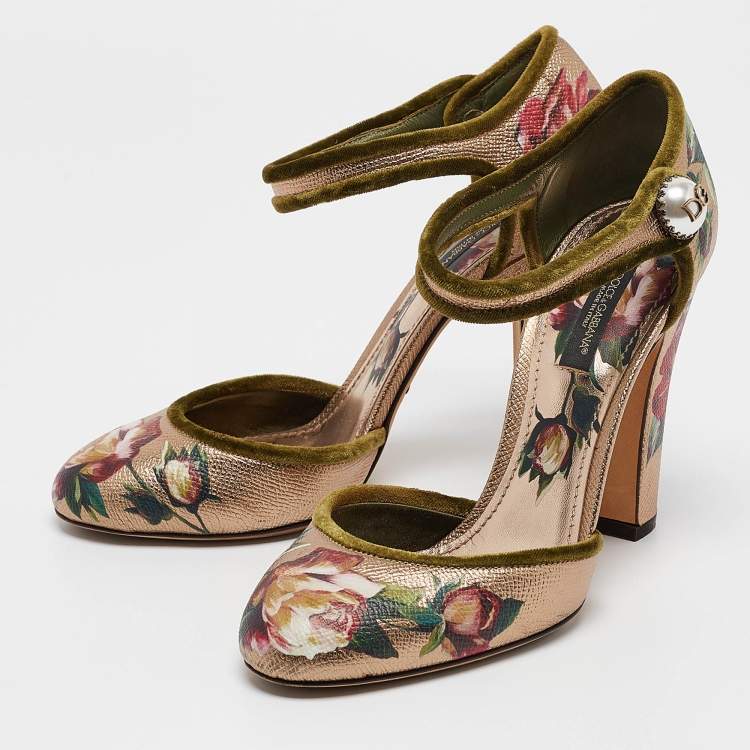 Pre Owned Dolce & Gabbana Metallic Floral Print Leather Ankle Strap Pumps Size 37