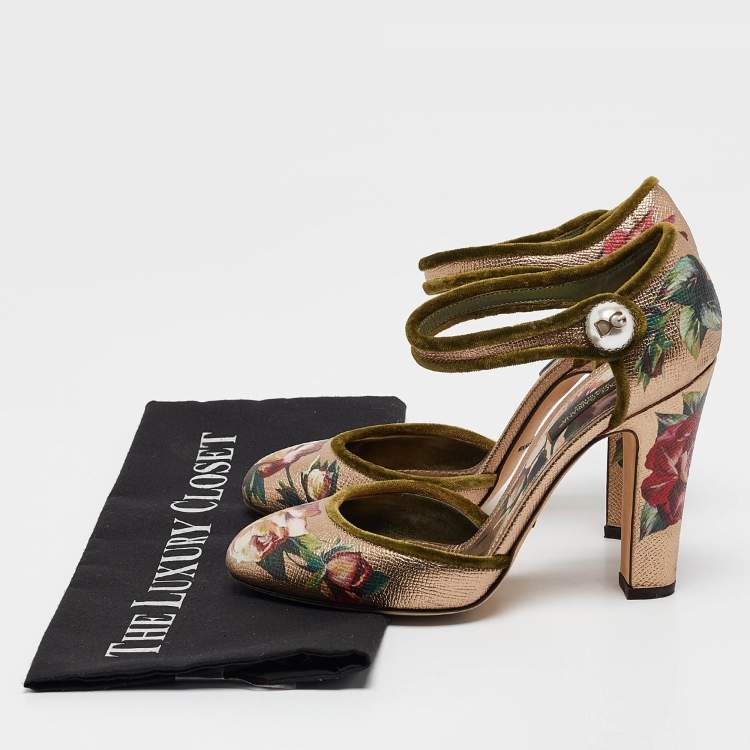 Pre Owned Dolce & Gabbana Metallic Floral Print Leather Ankle Strap Pumps Size 37