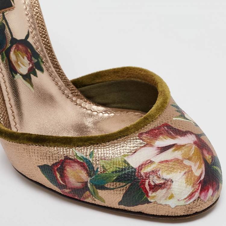 Pre Owned Dolce & Gabbana Metallic Floral Print Leather Ankle Strap Pumps Size 37